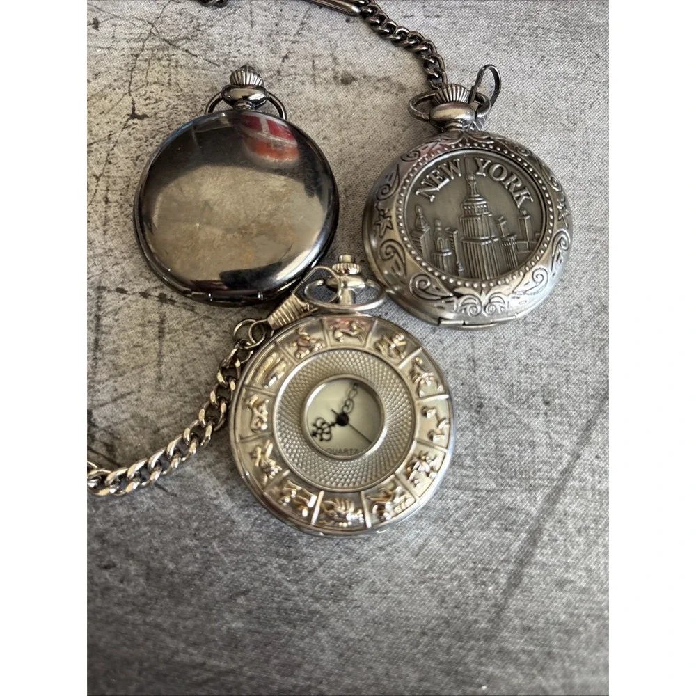 Vintage New York Silver Toned Pocket Watch Bundle with Chain 3 Piece Quartz Set
